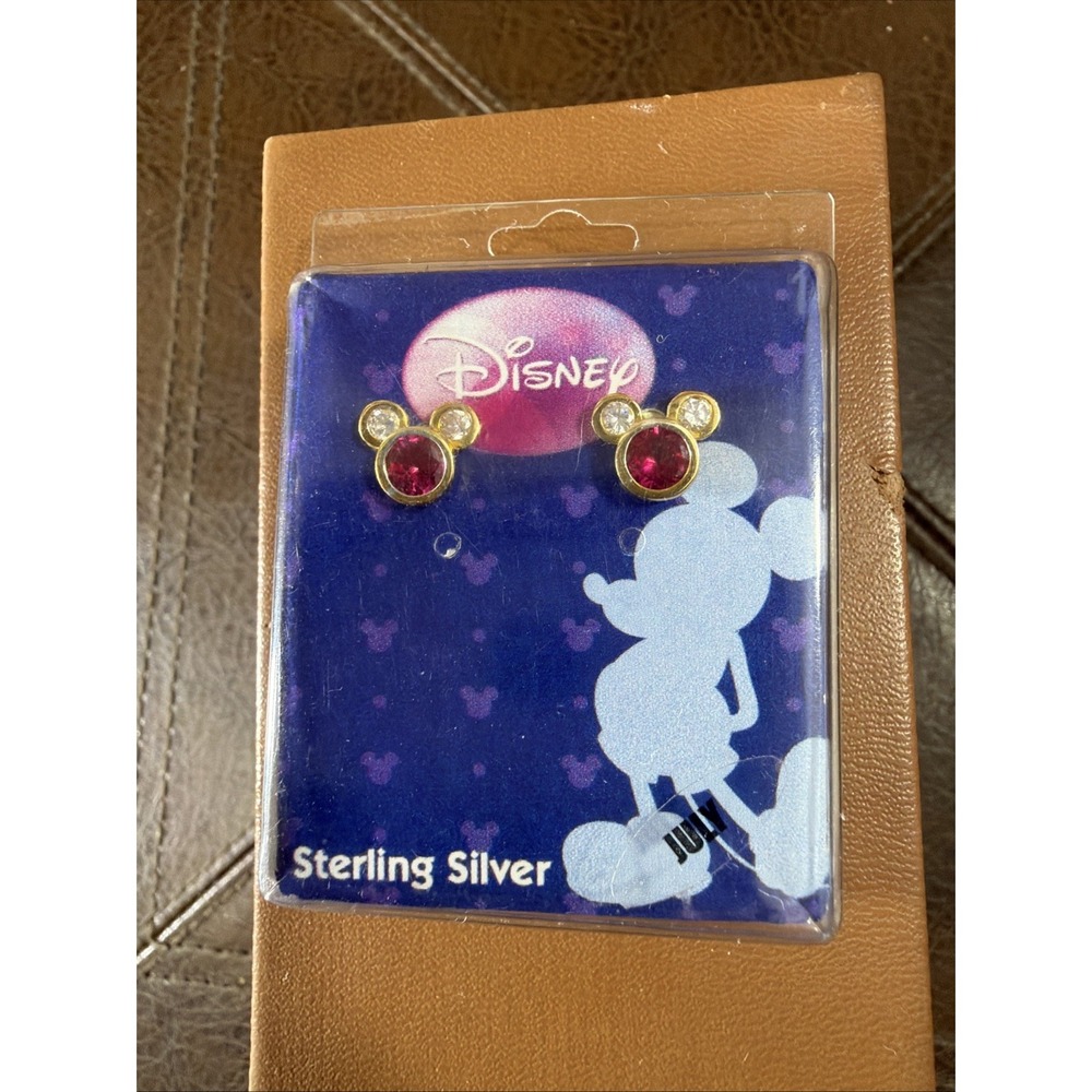 Disney Sterling Silver Mickey Mouse July Birthstone Earrings Gold Wash Vintage